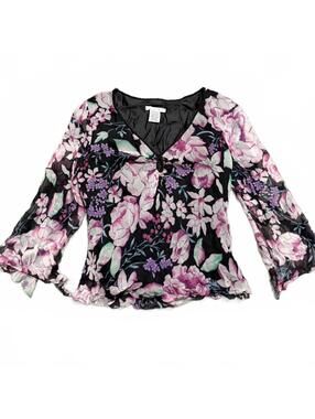 I.C.E 100% Silk Fairy Whimsy Bell Sleeve Top Size L Measures Size M